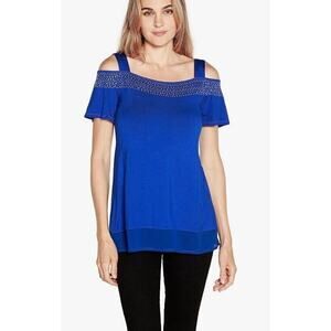 Belldini Women’s‎ Cobalt Blue Embellished Top Size Medium With Chiffon Hem